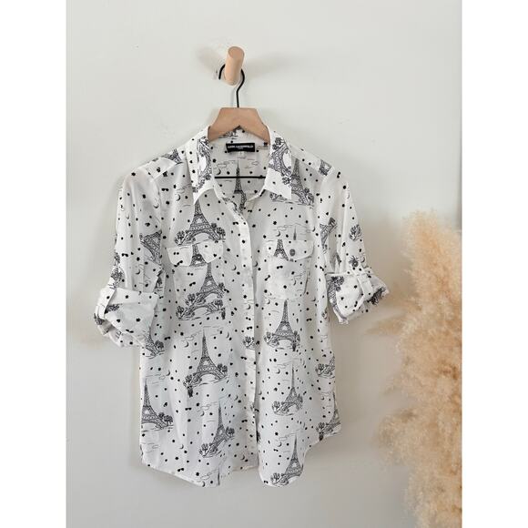 Karl Lagerfeld Paris Eiffel Tower Button Up Top Small White Crepe Roll Tab - Picture 4 of 10